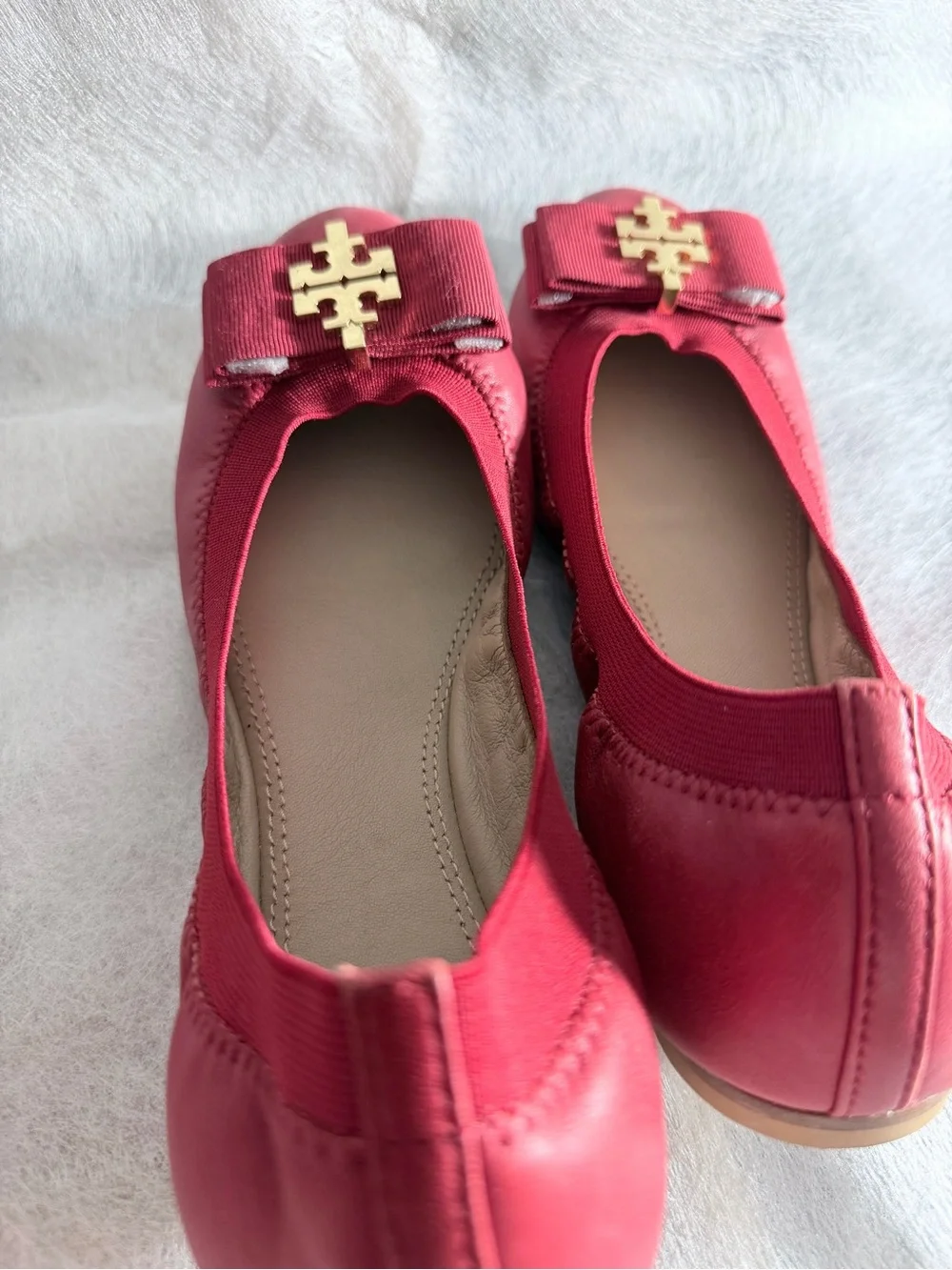 New Tory Burch Red Grosgrain Bow Logo Ballet Flats